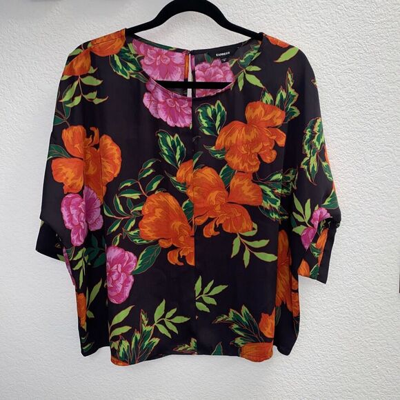 Express Tops - Express Floral Satin Short Sleeve Loose Boxy Blouse Medium
